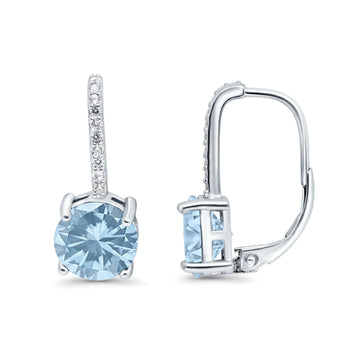 Round LeverBack Earrings Hoop Huggie Design Simulated Aquamarine CZ 925 Sterling Silver (22mm)
